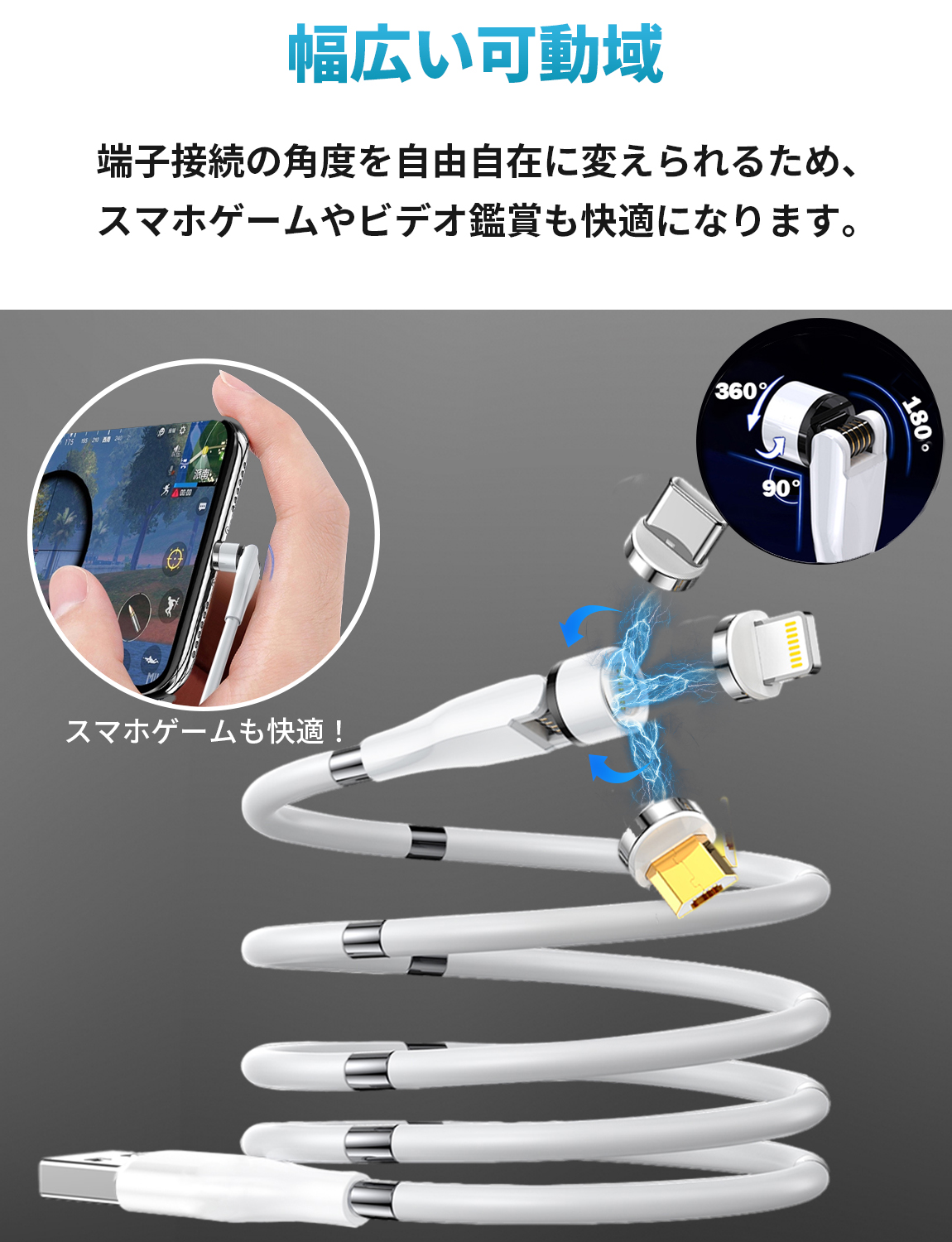 ケーブルの広い可動域を説明する商品画像